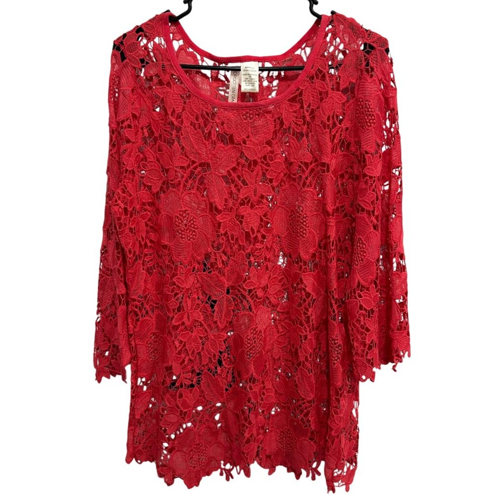 Forgotten Grace Floral Lace Scalloped Hemline 3/4 Sleeve Top Size XL Elegant